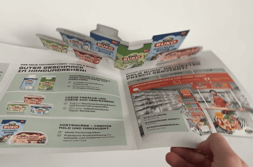 A4 sales folder with integrated 2D pop-up structure and branding A4 sales folder with integrated 2D pop-up structure and branding