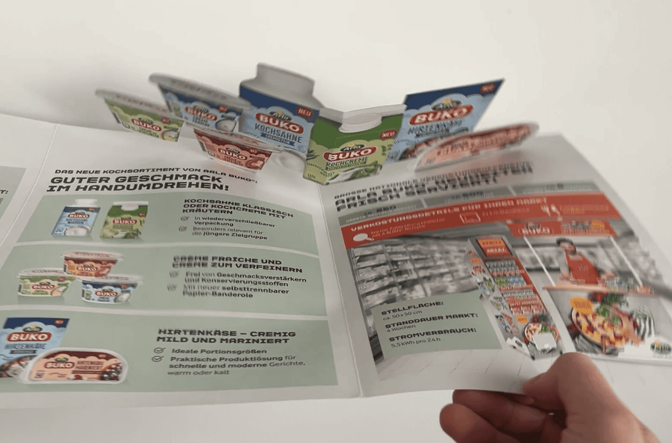 A4 sales folder with integrated 2D pop-up structure and branding